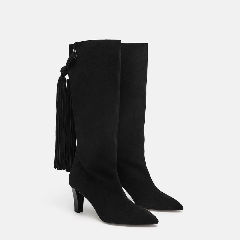 Zara Black Suede Leather Boots US size 6